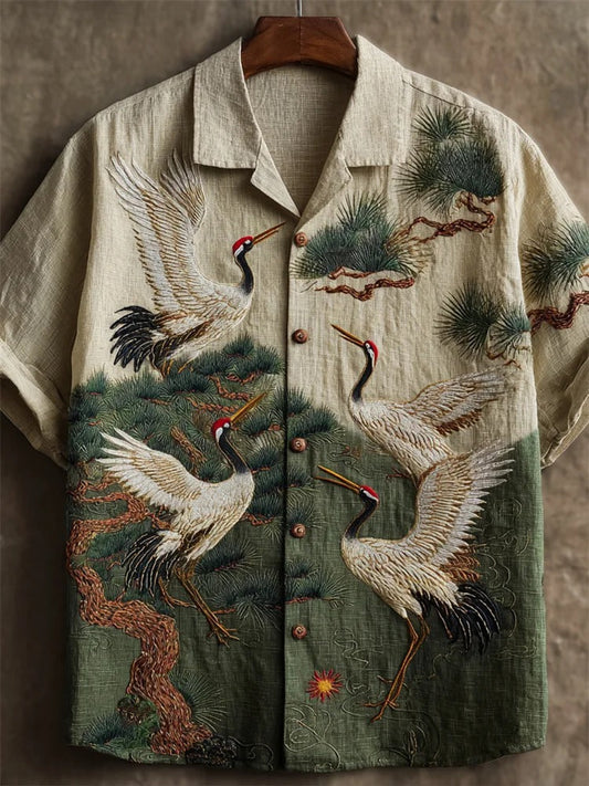 Vesper Japanese Cranes & Pine Trees Embroidered Contrast Shirt
