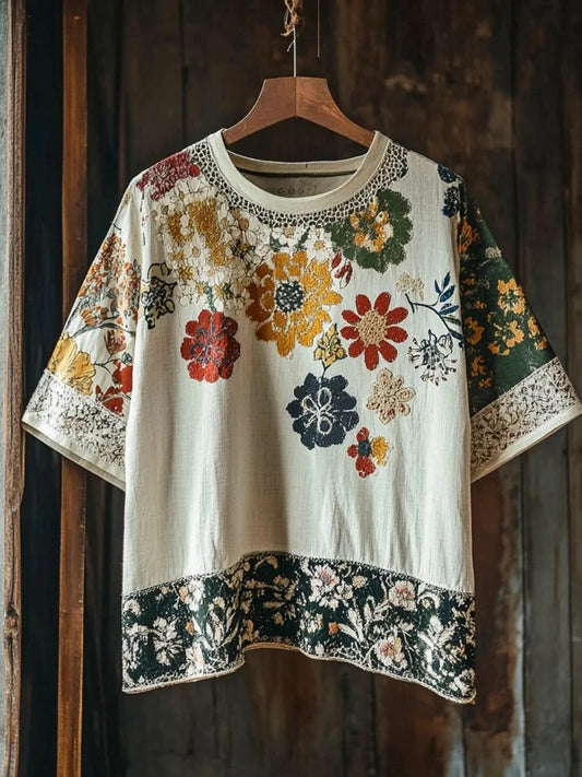 Vesper Vintage Ethnic Lace Floral Linen Men's T-shirt