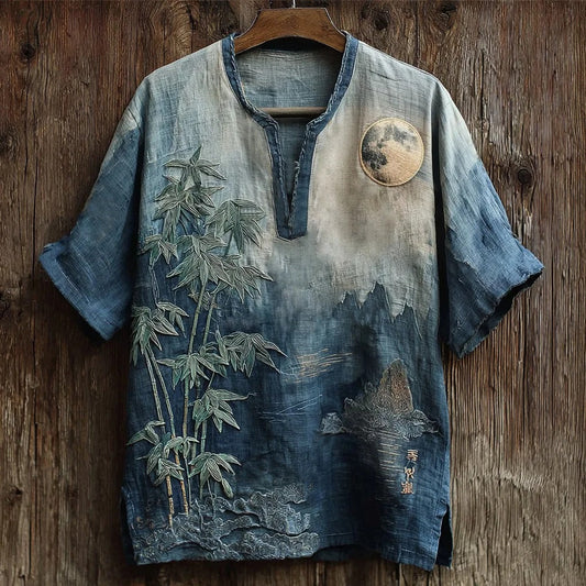 Vesper Men's Japanese Moonlit Bamboo Embroidery Art Linen Shirt