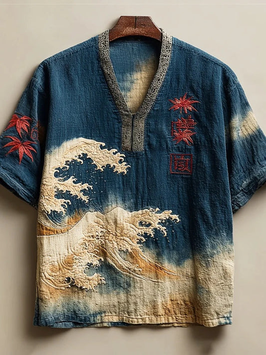 Vesper Vintage Japanese Maple & Wave Art Men's Linen Shirt