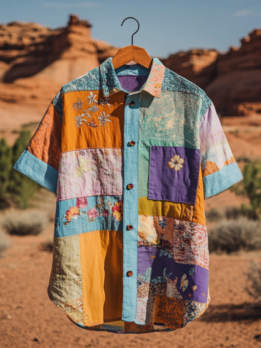 Vesper Men's Loose Floral Applique Patchwork Art Shirt