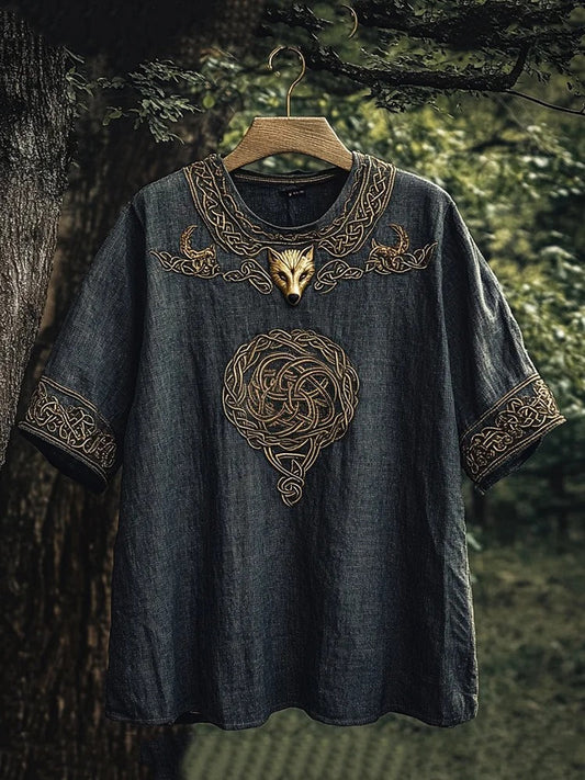 Vesper Men's Viking Celtic Knot Wolf Head Linen T-shirt