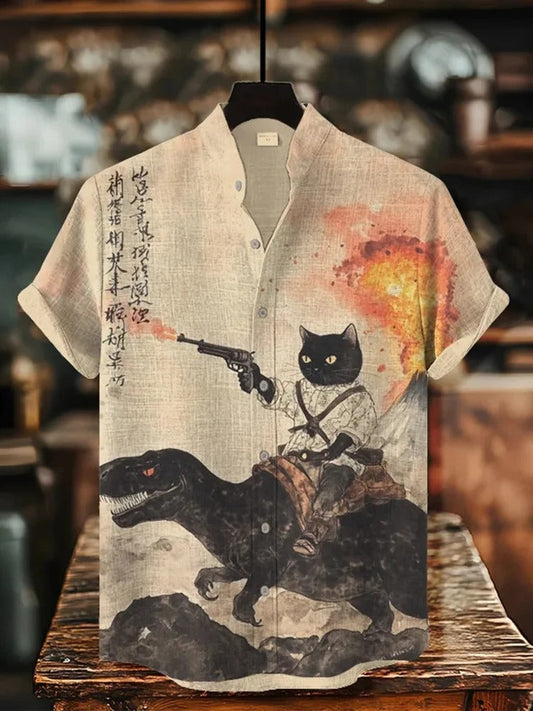Vesper Men's Retro Calligraphy Cat Dinosaur Volcanic Print Shirt