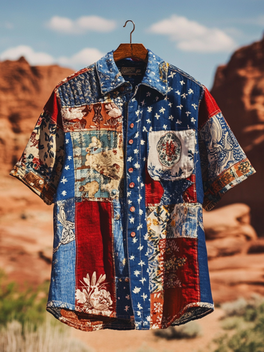 Vesper Men's Vintage Patchwork America Blue Red Floral Shirt