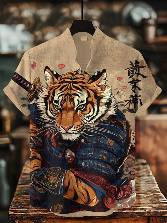 Vesper Men's Tiger Warrior Calligraphy Art Print Casual Shirt