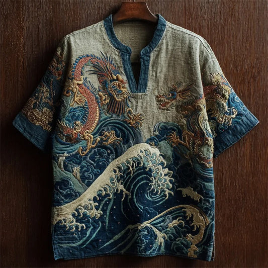 Vesper Sea Waves & Dragons Japanese Embroidered Linen Shirt