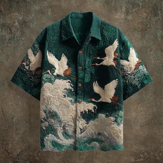 Vesper Japanese Crane Embroidered Shirt – Premium Wave Pattern | Casual Kimono Summer Shirt