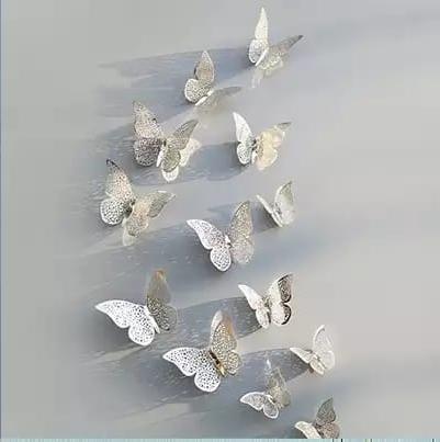 12pcs 3D Hollow Butterfly Wall Sticker for Home Decoration  Silver Butterfly