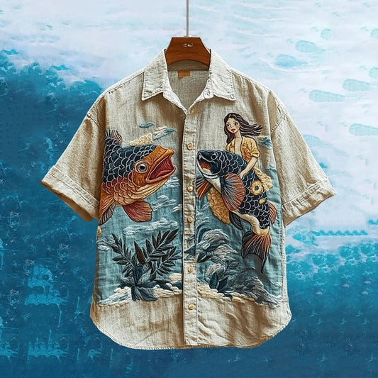 Vesper Men's Embroidered Sea Life Mermaid Hawaiian Shirt