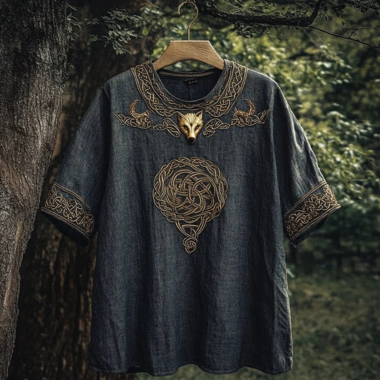 Vesper Men's Viking Celtic Knot Wolf Head Linen T-shirt