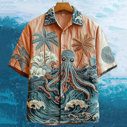 Vesper Men's Embroidered Octopus & Coconut Tree Hawaiian Shirt