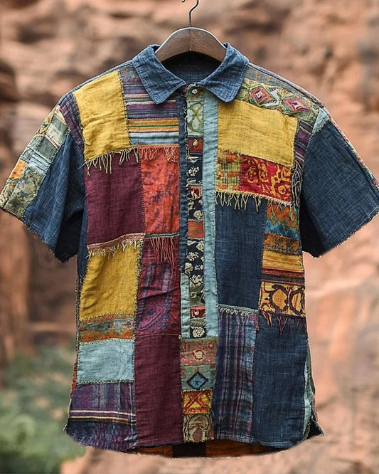 Vesper Men's Vintage Spliced Contrasting Geometric Linen Shirt