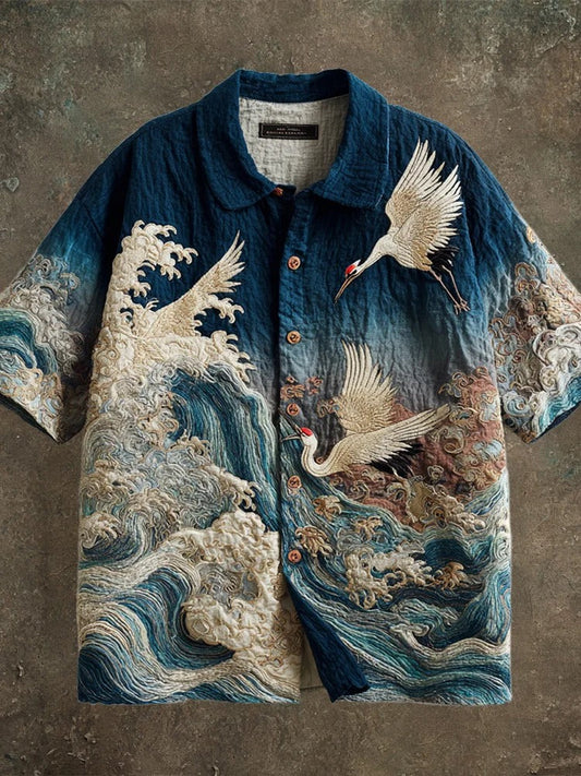 Vesper Vintage Japanese Crane & Wave Art Men's Linen Shirt