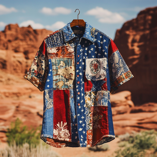 Vesper Men's Vintage Patchwork America Blue Red Floral Shirt