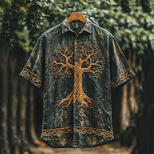 Vesper Men's Viking Tree of Life Tie-Dye Lapel Shirt