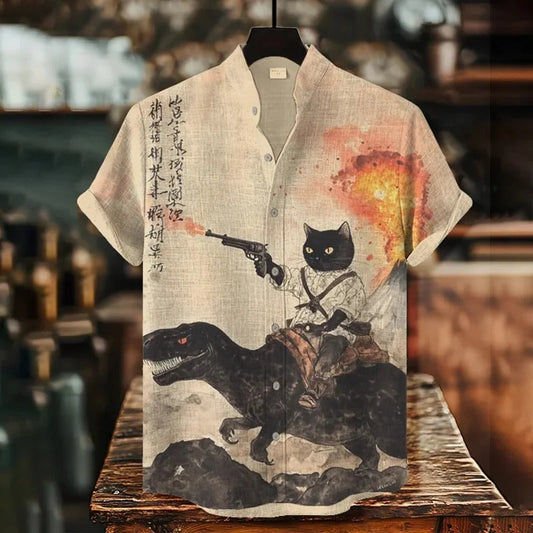 Vesper Men's Retro Calligraphy Cat Dinosaur Volcanic Print Shirt