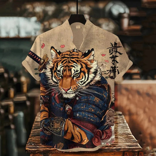 Vesper Men's Tiger Warrior Calligraphy Art Print Casual Shirt