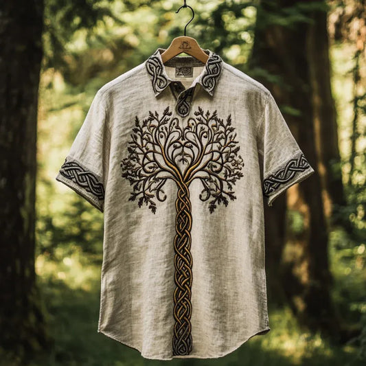 Vesper Men's Viking Tree of Life Embroidered Lapel Shirt