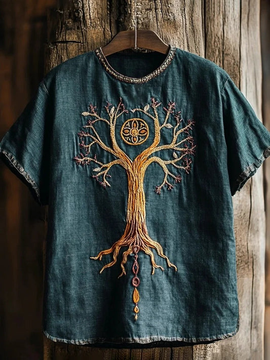 Vesper Men's Viking Tree of Life Embroidered Art Linen T-shirt