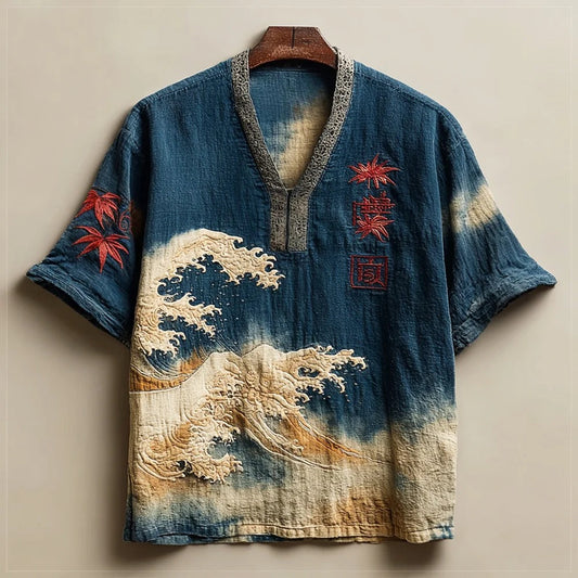 Vesper Vintage Japanese Maple & Wave Art Men's Linen Shirt