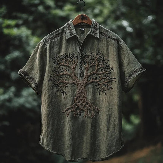 Vesper Men's Viking Tree of Life Embroidered Lapel Shirt