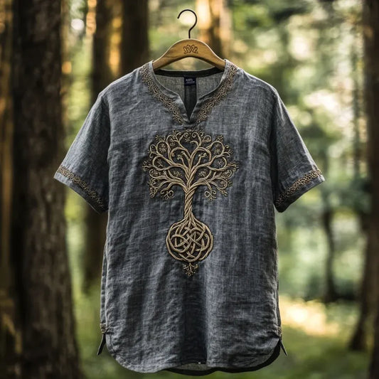 Vesper Men's Viking Tree of Life Embroidered Linen Shirt