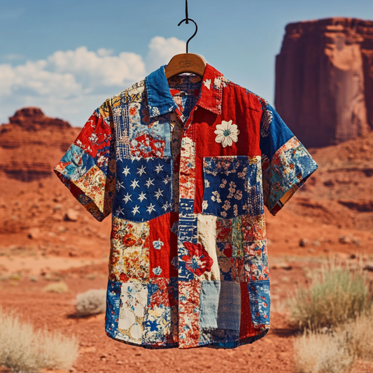 Vesper  Men's Vintage Patchwork America Blue Red Floral Shirt