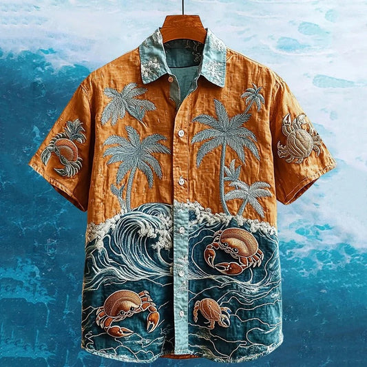 Vesper Men's Embroidered Hermit Crab Hawaiian Summer Marine Shirt
