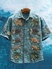 Vesper Men's Embroidered Sea Life Turtle Vacation Shirt