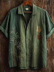 Vesper Japanese Bamboo & Kanji Embroidered Colorblock Linen Shirt