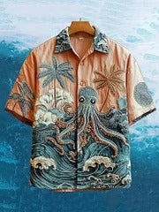 Vesper Men's Embroidered Octopus & Coconut Tree Hawaiian Shirt
