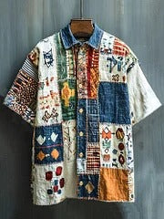 Vesper  Men's Vintage Spliced Contrasting Geometric Linen Shirt