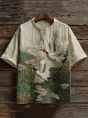 Vesper Men's Vintage Cranes & Bamboo Japanese Art Embroidery Shirt