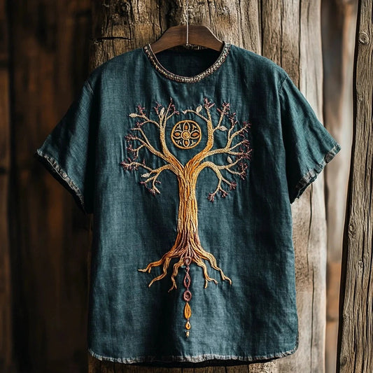 Vesper Men's Viking Tree of Life Embroidered Art Linen T-shirt