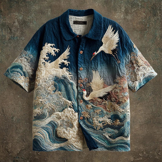 Vesper Vintage Japanese Crane & Wave Art Men's Linen Shirt