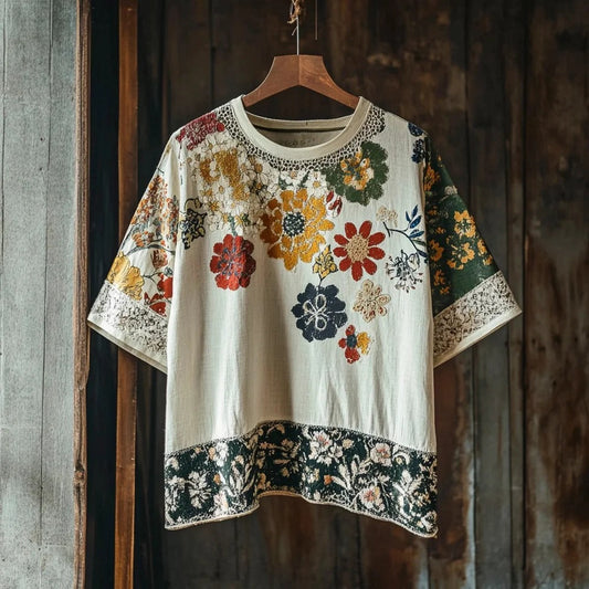 Vesper Vintage Ethnic Lace Floral Linen Men's T-shirt