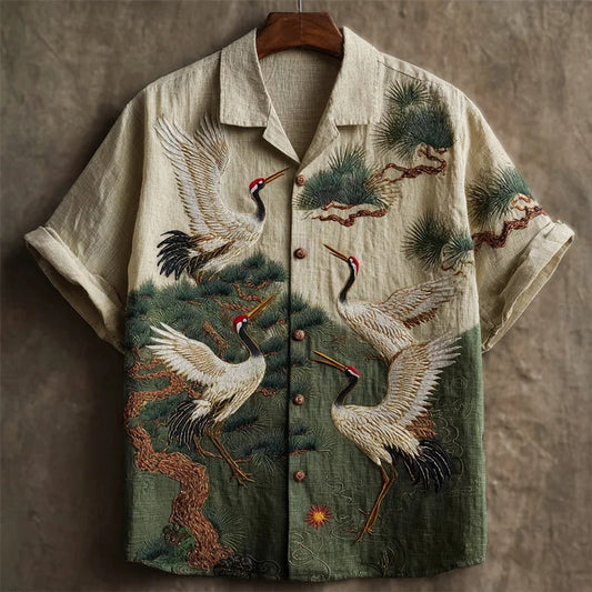Vesper Japanese Cranes & Pine Trees Embroidered Contrast Shirt