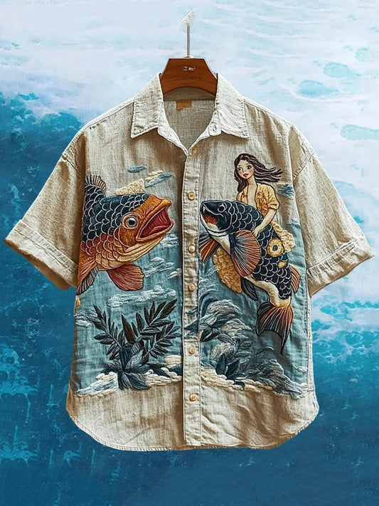 Vesper Men's Embroidered Sea Life Mermaid Hawaiian Shirt