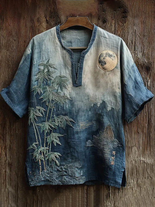 Vesper Men's Japanese Moonlit Bamboo Embroidery Art Linen Shirt
