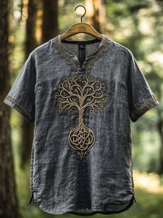 Vesper Men's Viking Tree of Life Embroidered Linen Shirt