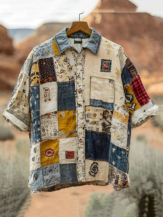 Vesper Men's Vintage Spliced Contrasting Linen Shirt