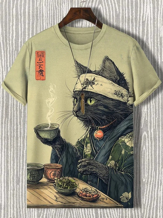 Vesper Men's Zen Cat Japanese Tea Ceremony Art Print T-Shirt