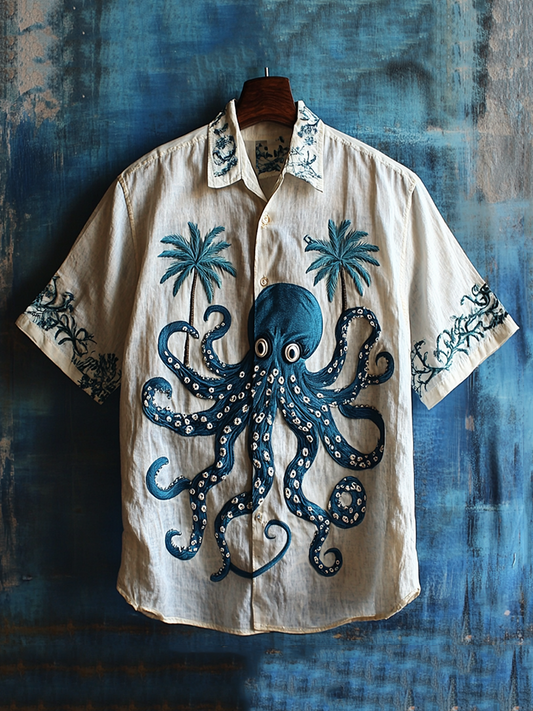 Vesper Men's Embroidered Octopus & Coconut Tree Hawaiian Shirt