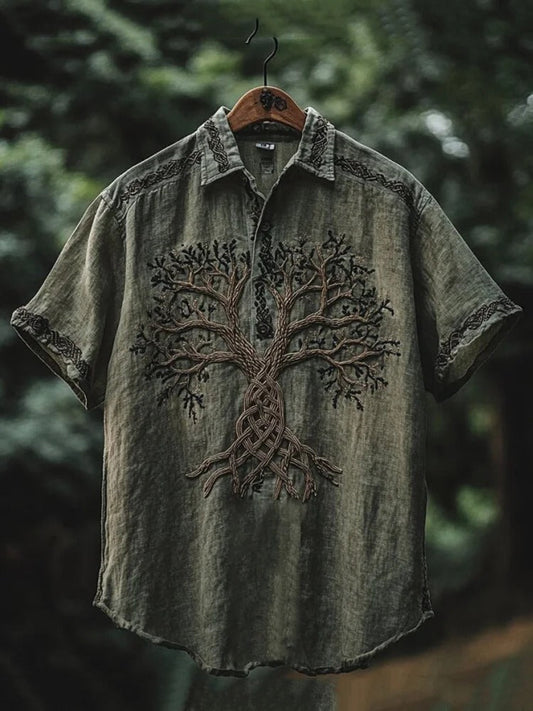 Vesper Men's Viking Tree of Life Embroidered Lapel Shirt