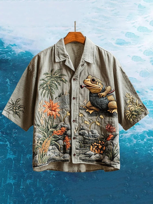 Vesper Men's Embroidered Funny Frog Hawaiian Shirt