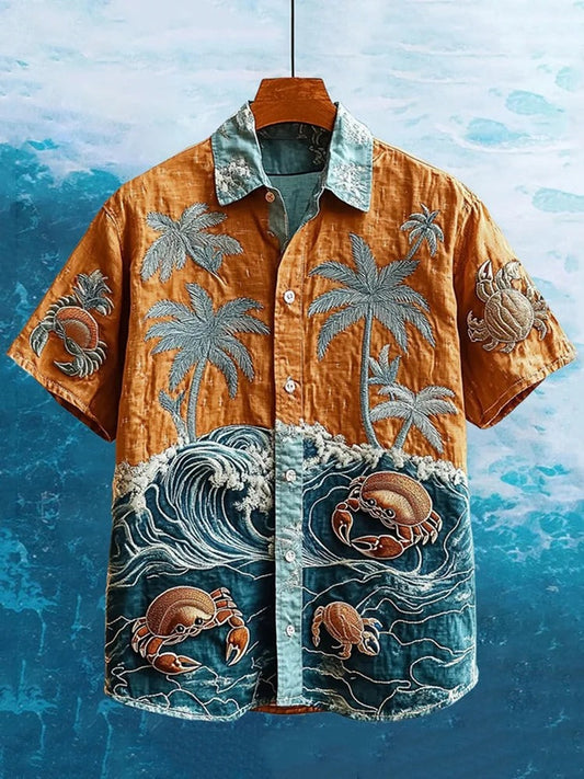 Vesper Men's Embroidered Hermit Crab Hawaiian Summer Marine Shirt