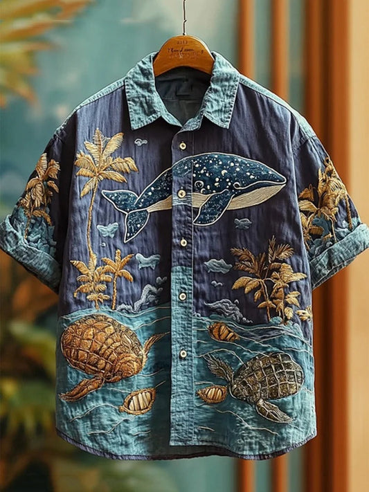 Vesper Men's Embroidered Sea Life Whale Vacation Shirt
