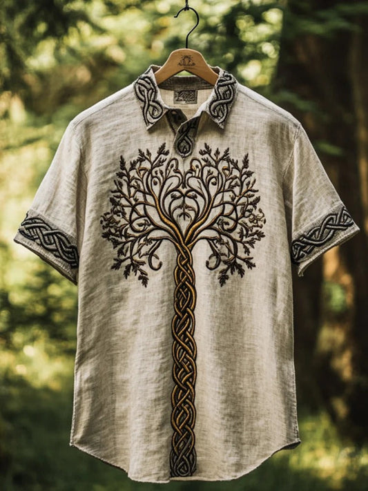 Vesper Men's Viking Tree of Life Embroidered Lapel Shirt