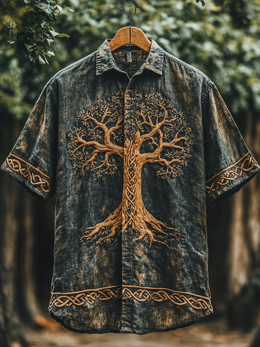 Vesper Men's Viking Tree of Life Tie-Dye Lapel Shirt