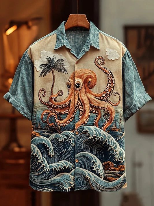 Vesper Men's Embroidered Ukiyo-e Octopus Hawaiian Shirt